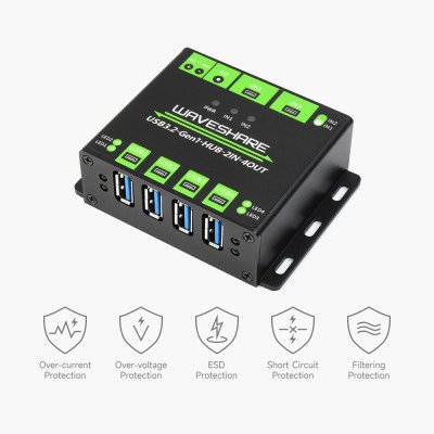 Waveshare Industrial grade USB HUB, Switchable dual hosts, Multi Protections
