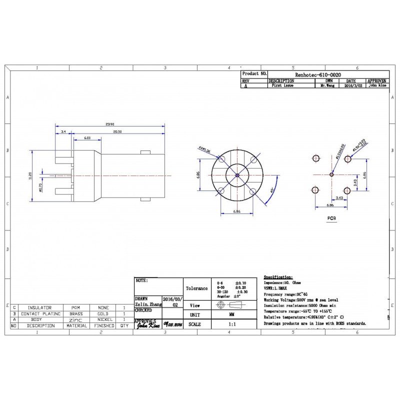 Zinc Alloy BNC Jack Receptacle PCB Mount