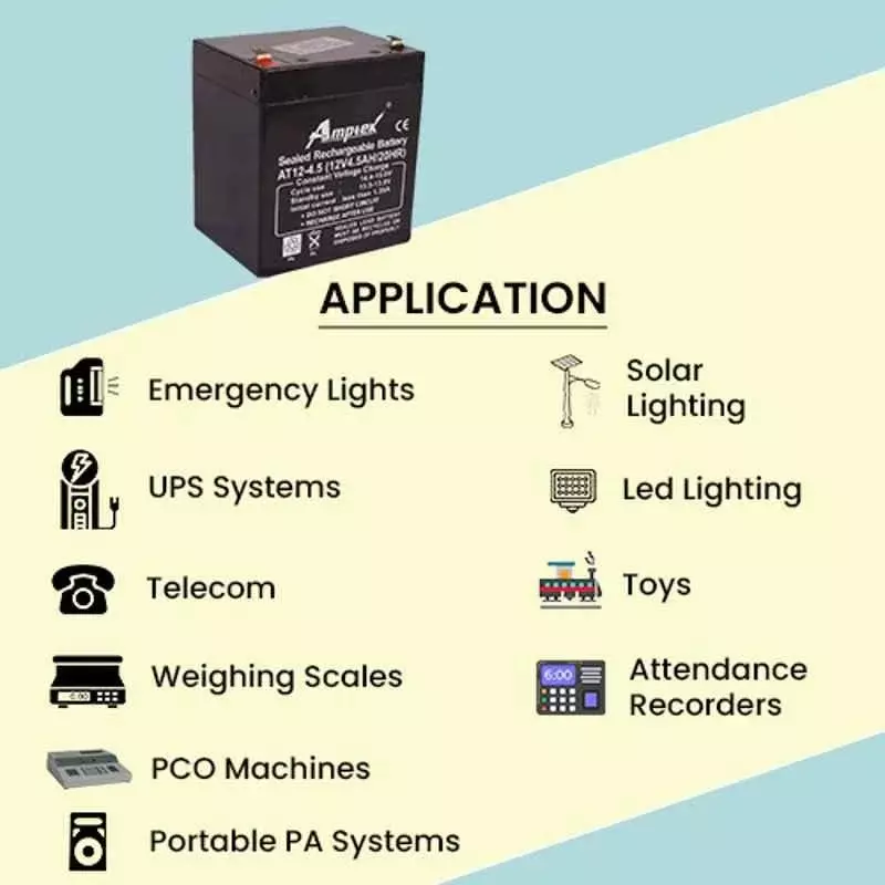 Amptek 12 V 4.5 Ah Black Sealed Rechargeable SMF Industrial Battery, AT12-4.5